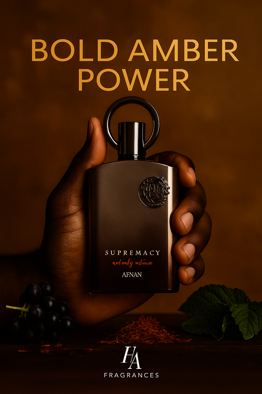 Dark-skinned hand holding Afnan Supremacy Not Only Intense Eau De Parfum bottle with amber glow, black currant fruit, saffron threads, and patchouli leaves surrounding the bottle, featuring HA Fragrances logo
