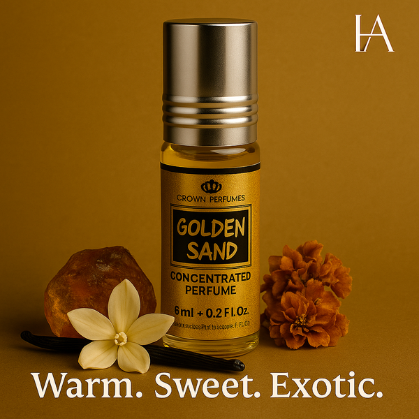 Al Rehab Golden Sand 6ml perfume oil roll-on with golden textured box, warm amber and vanilla concentrated attar, alcohol-free unisex fragrance.