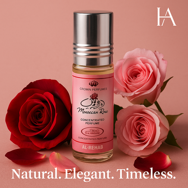 Al Rehab Moroccan Rose 6ml roll-on perfume oil shown with rose petals on a soft floral background, alcohol-free concentrated attar for women by HA Fragrances.