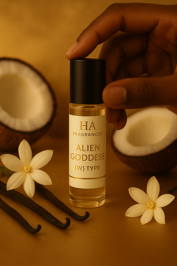 Dark-skinned hand holding HA Fragrances Alien Goddess (W) Type body oil with coconut halves, vanilla beans, and white floral accents on a golden background – alcohol-free, phthalate-free perfume oil.