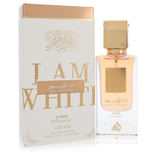 Ana Abiyedh I Am White Poudree Eau de Parfum 2.04 fl oz by Lattafa, showcasing a luxurious gold-accented bottle alongside its elegant white and gold packaging.