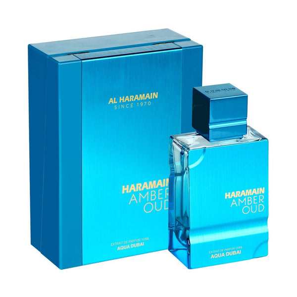 Amber Oud Aqua Dubai 100ml by Al Haramain – Front view with luxury box packaging. A premium aquatic fragrance for men and women.