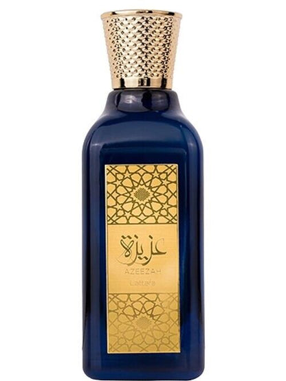 Azeezah Eau de Parfum 100ml by Lattafa, featuring a sleek blue bottle with intricate gold detailing for an elegant look.