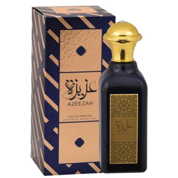 Azeezah Eau de Parfum 100ml by Lattafa, showcasing a luxurious blue and gold bottle with its matching premium packaging.