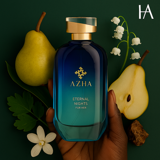 Eternal Nights by Azha Perfumes held by a dark-skinned hand, surrounded by pear, lily of the valley, vetiver, and ambergris—HA Fragrances branded product image.
