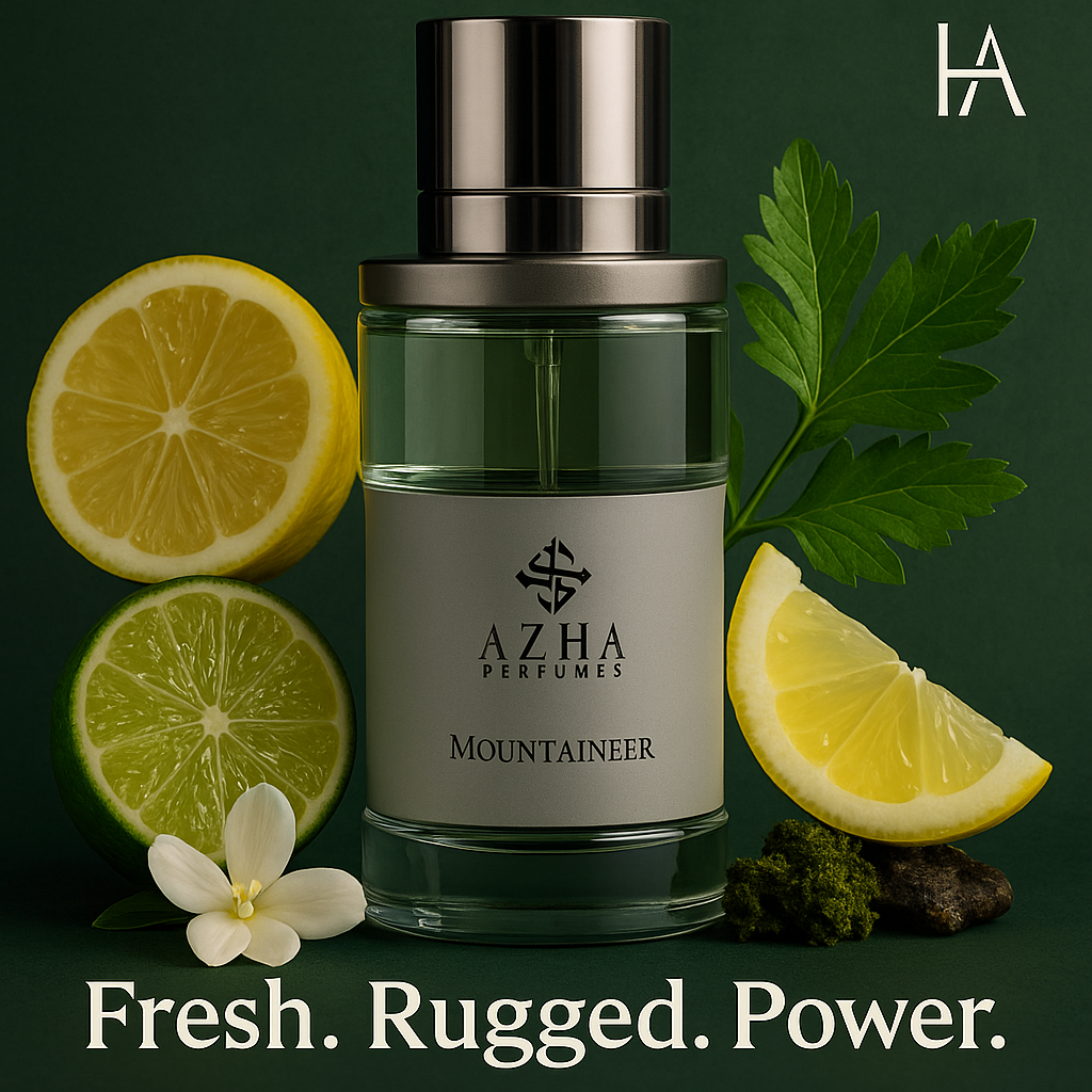 Azha Mountaineer Eau De Parfum for men surrounded by citrus and aromatic notes with HEA Fragrances branding and the text Fresh Rugged Power.