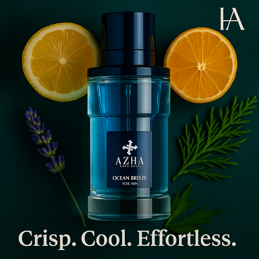 Azha Ocean Breeze Eau de Parfum for Him with lemon, mandarin, lavender, and cedarwood notes in HA Fragrances branded style on a clean teal background.