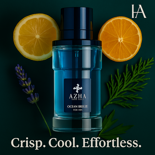 Azha Ocean Breeze Eau de Parfum for Him with lemon, mandarin, lavender, and cedarwood notes in HA Fragrances branded style on a clean teal background.