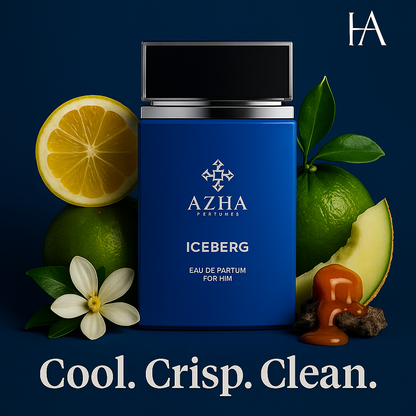 Azha Iceberg Eau de Parfum for Him product image with citrus, marine, melon, and caramel notes displayed around the bottle — HA Fragrances branding.