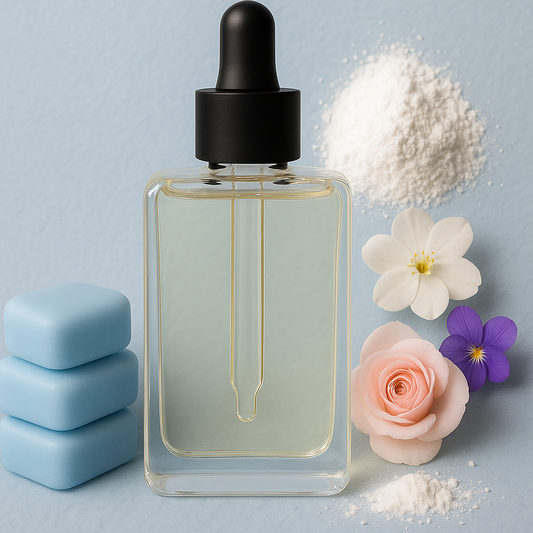 Clear glass dropper bottle with black cap on a light blue background with flowers and soap bars.