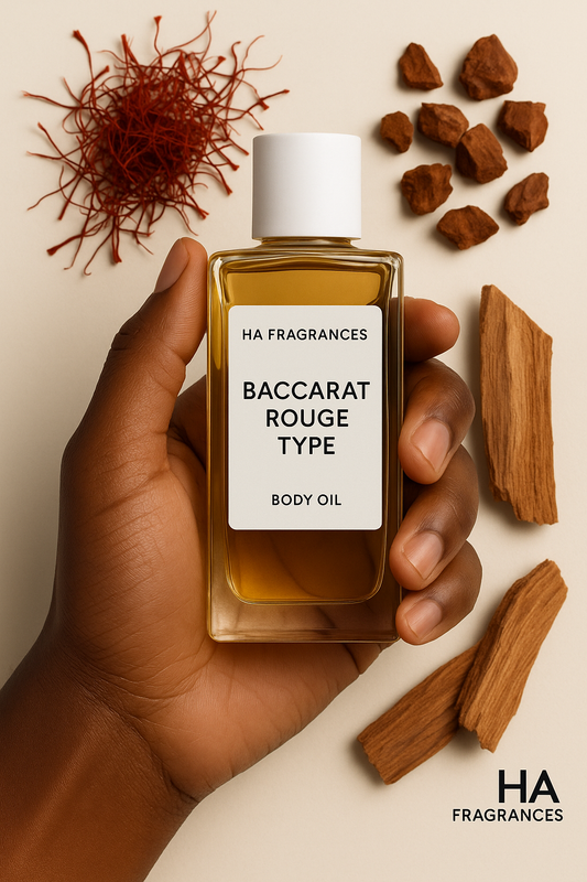 Dark-skinned hand holding a bottle of HA Fragrances Baccarat Rouge Type body oil with saffron, amberwood, and cedarwood in the background.