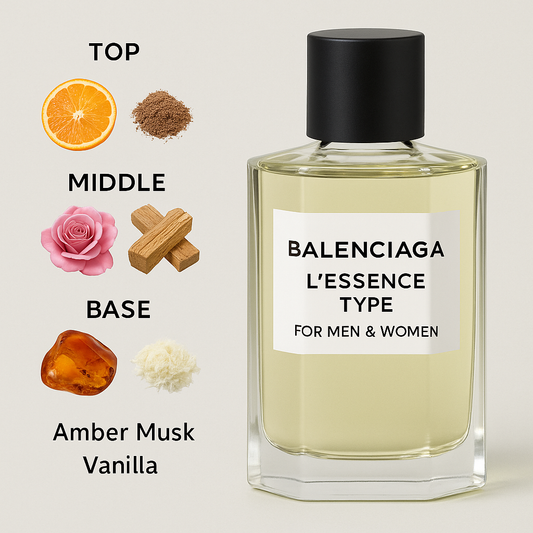 A bottle of Balenciaga L'Essence Inspired Body Oil held by a dark-skinned hand, surrounded by visual notes of citrus, florals, woods, amber, and vanilla, with the HA Fragrances logo displayed in the corner.