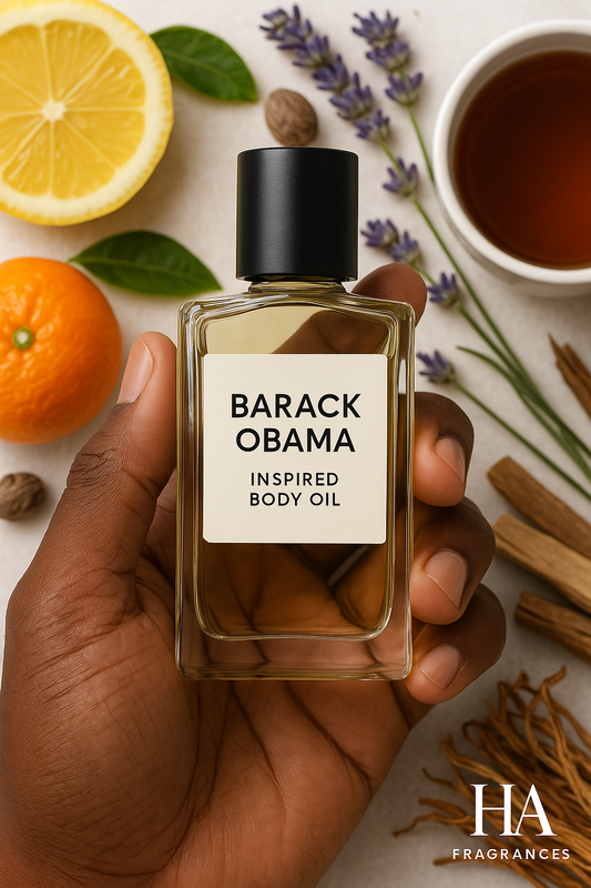 Hand holding a bottle of 'Barack Obama Inspired Body Oil' with lemons, oranges, lavender, and cinnamon in the background.