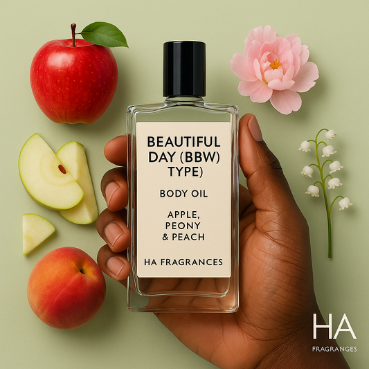 A bottle of Beautiful Day (BBW Type) Body Oil held by a dark-skinned hand, surrounded by fresh apples, pink peonies, and white peach slices, with the HA Fragrances logo in the corner.