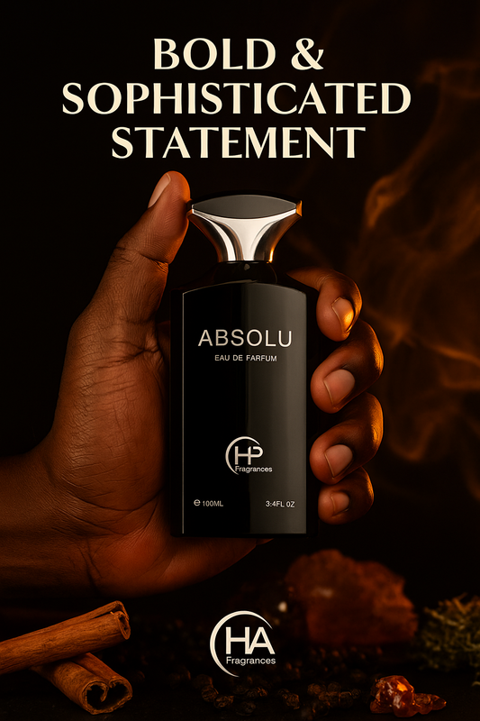 Dark-skinned hand holding Bharara Mast Absolu Black Eau De Parfum bottle surrounded by black pepper, cinnamon sticks, amber stones, and oakmoss on a smoky dark background with HA Fragrances logo and text overlay ‘Bold & Sophisticated Statement