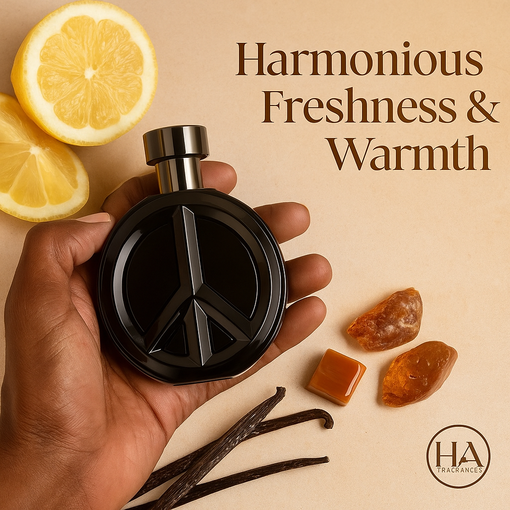 Dark-skinned hand holding Bharara Peace Eau De Parfum bottle surrounded by citrus fruits, vanilla pods, and amber stones on a soft beige background with HA Fragrances logo and text overlay ‘Harmonious Freshness & Warmth