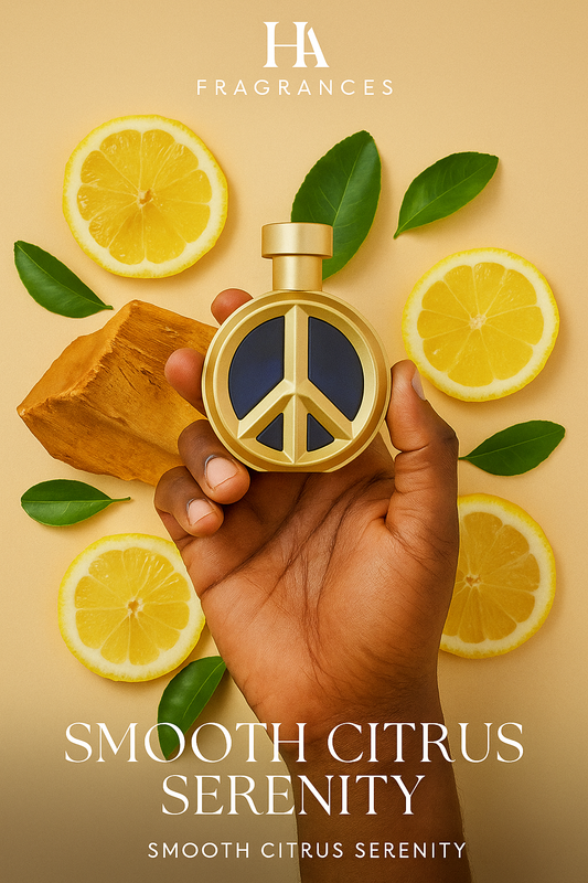 Dark-skinned hand holding Bharara Placid Eau De Parfum bottle surrounded by lemon slices, amberwood, and green leaves on a soft golden background with HA Fragrances logo and text overlay ‘Smooth Citrus Serenity