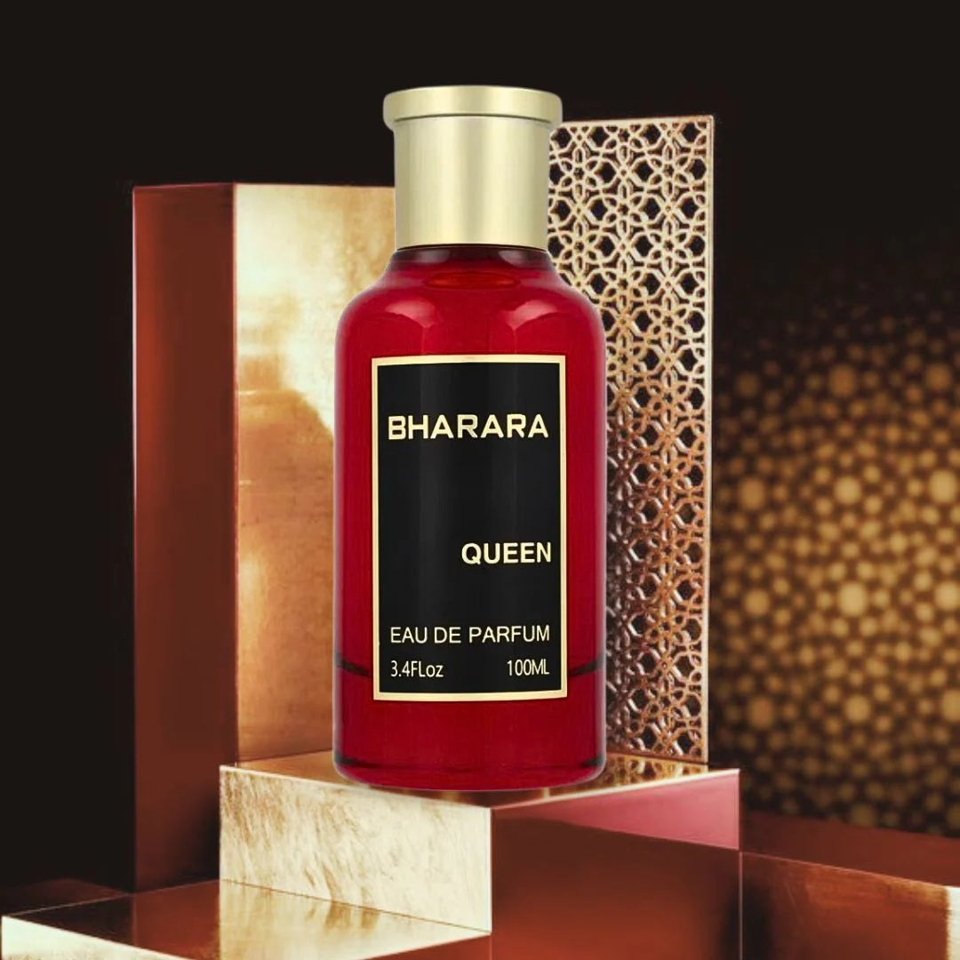 Bharara Queen Eau de Parfum 100ML bottle with gold cap displayed against a decorative gold and bronze backdrop – elegant floral fragrance for women
