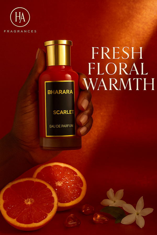 Dark-skinned hand holding Bharara Scarlet Eau De Parfum bottle surrounded by grapefruit slices, jasmine flowers, and amber glow on a warm red-gold background with HA Fragrances logo and text overlay ‘Fresh Floral Warmth’.