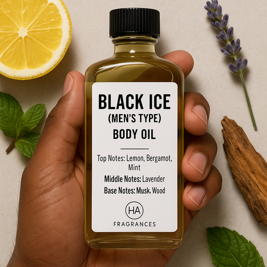 A bottle of Black Ice (Men’s Type) Body Oil held by a dark-skinned hand, surrounded by fresh lemon slices, mint leaves, lavender sprigs, and wood textures, with the HA Fragrances logo in the corner.