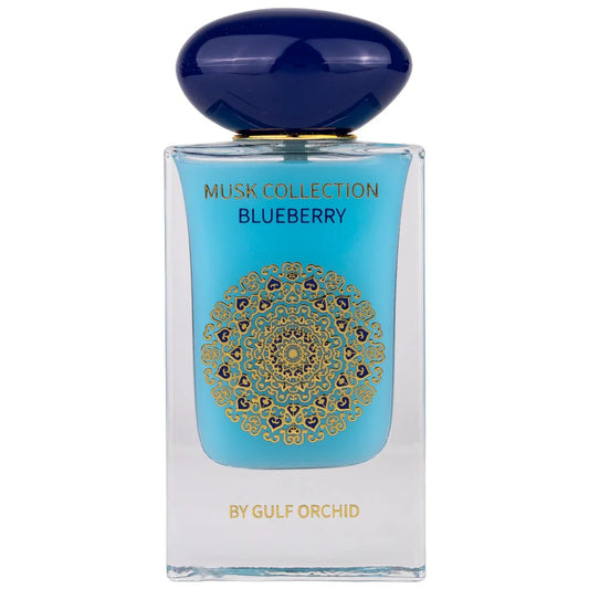 Blueberry Musk Collection perfume bottle by Gulf Orchid with a luxurious blue cap and ornate gold patterns, filled with a vibrant blue fragrance.