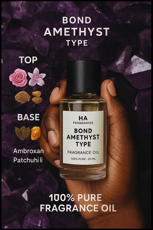 Hand holding a bottle of Bond Amethyst Type fragrance oil by HA Fragrances, with illustrated top, middle, and base notes (rose, lily, jasmine, tonka bean, ambroxan, patchouli) on a deep amethyst crystal background.
