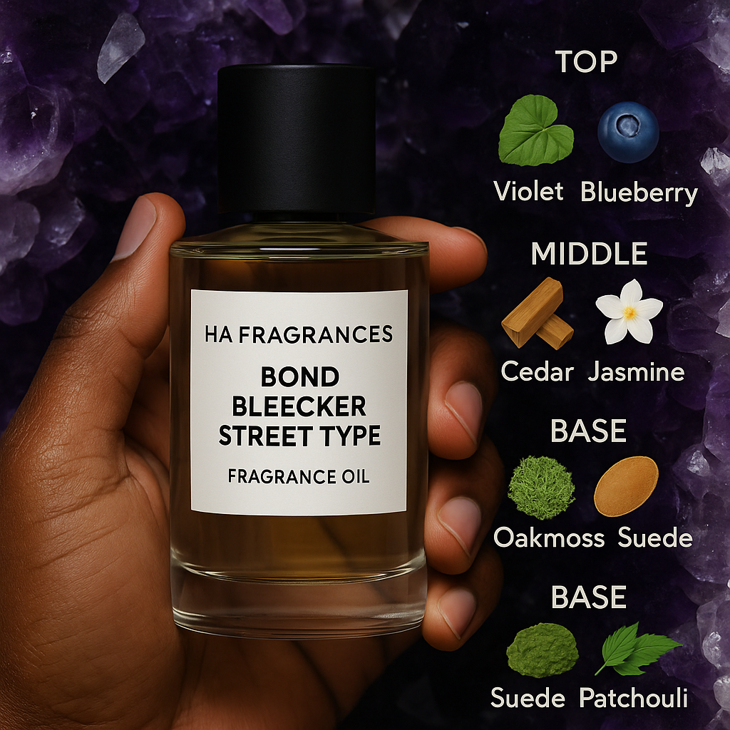 Dark-skinned hand holding a bottle of Bond Bleecker Street Type fragrance oil by HA Fragrances, with illustrated scent notes (violet leaf, blueberry, cedar, jasmine, oakmoss, suede, patchouli) on a purple crystal background.