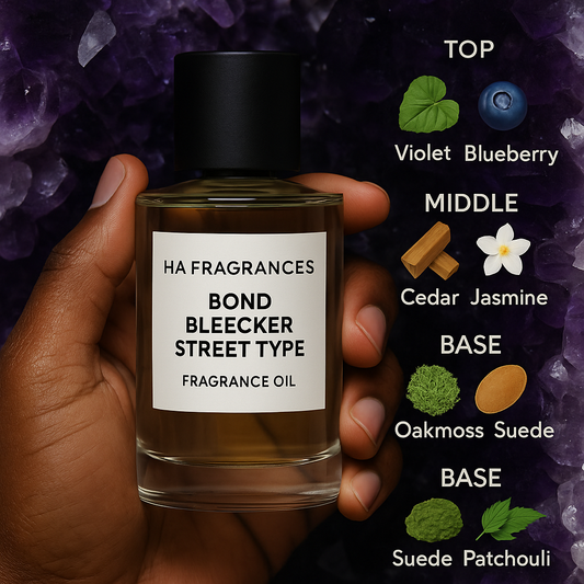 Dark-skinned hand holding a bottle of Bond Bleecker Street Type fragrance oil by HA Fragrances, with illustrated scent notes (violet leaf, blueberry, cedar, jasmine, oakmoss, suede, patchouli) on a purple crystal background.
