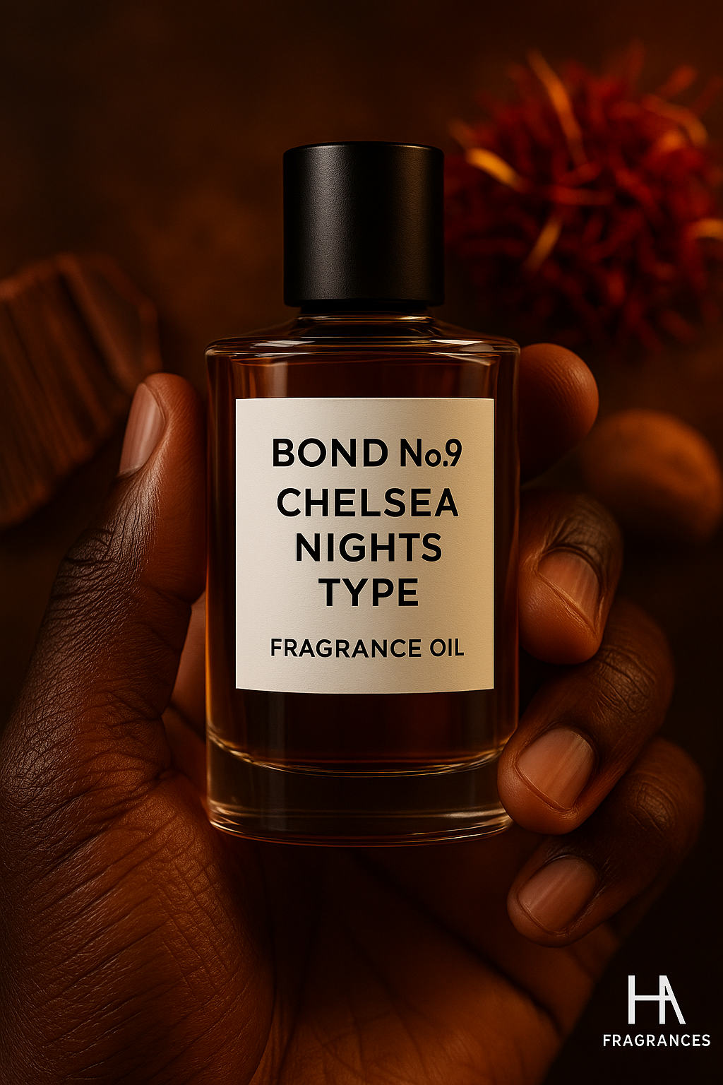 Dark-skinned hand holding a bottle of Bond No. 9 Chelsea Nights Type fragrance oil by HA Fragrances, with a warm brown background featuring saffron threads, chocolate pieces, and hazelnuts.