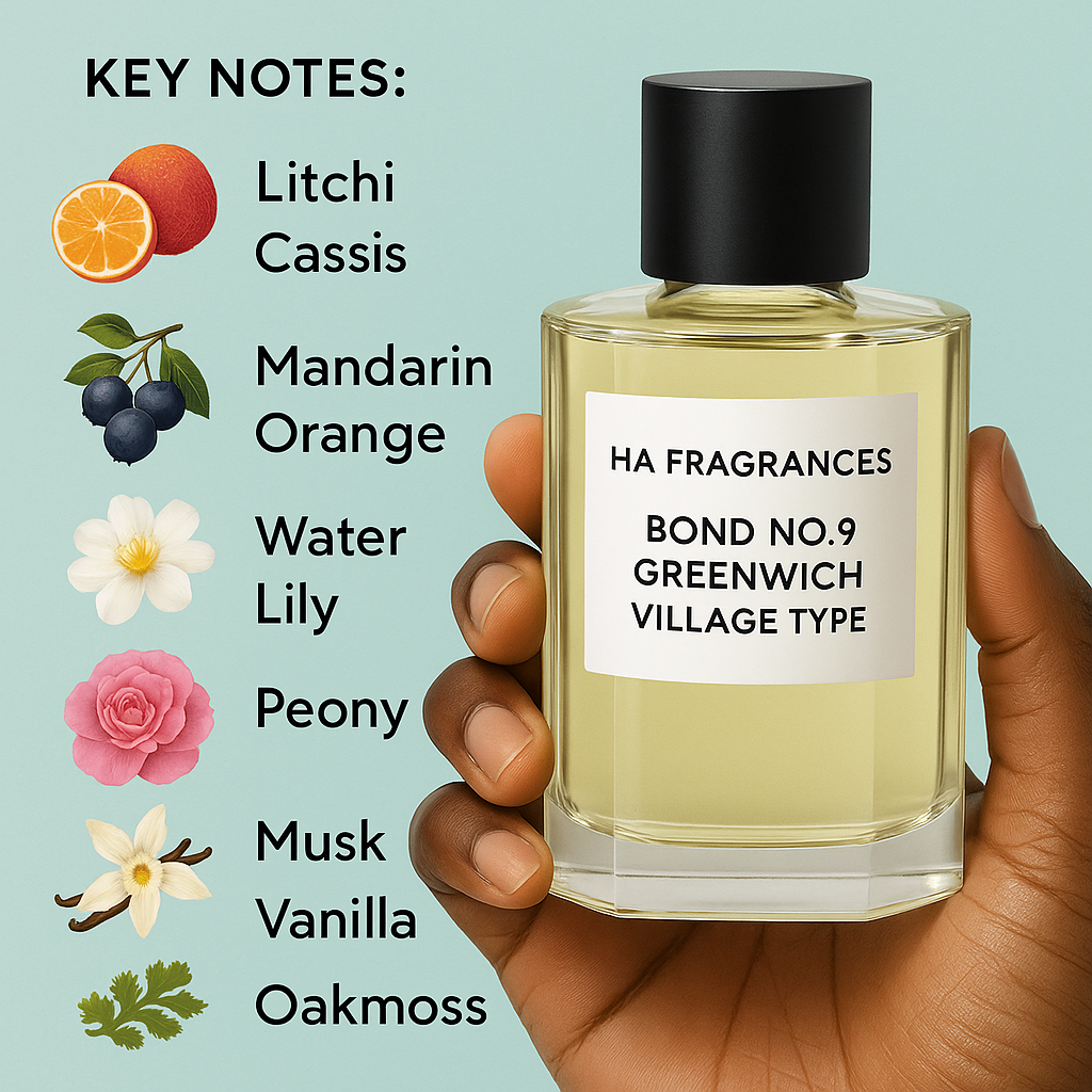 Dark-skinned hand holding a bottle of Bond No. 9 Greenwich Village Type fragrance oil by HA Fragrances, with illustrated key notes (litchi, cassis, mandarin orange, water lily, peony, jasmine, musk, vanilla, oakmoss) on a light turquoise background.
