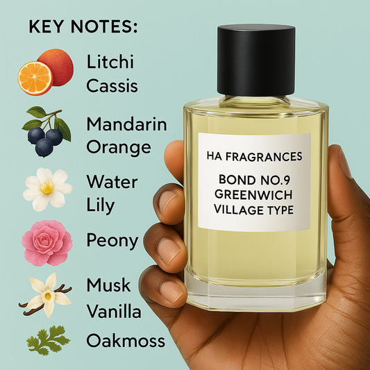 Dark-skinned hand holding a bottle of Bond No. 9 Greenwich Village Type fragrance oil by HA Fragrances, with illustrated key notes (litchi, cassis, mandarin orange, water lily, peony, jasmine, musk, vanilla, oakmoss) on a light turquoise background.