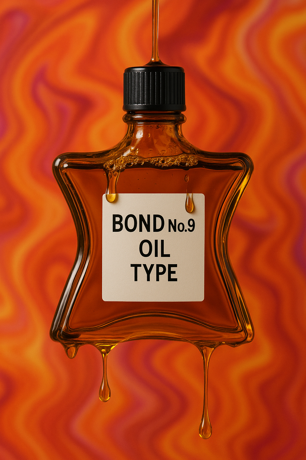 A dripping amber star-shaped fragrance oil bottle labeled "BOND No.9 OIL TYPE" suspended midair, with golden oil flowing from the cap and vibrant orange and pink wavy background.