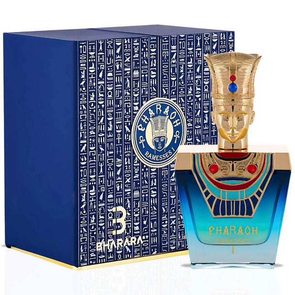 Pharaoh Ramesses I EDP 100ML alongside its elegant navy blue box, adorned with golden Egyptian hieroglyphs for a regal aesthetic.