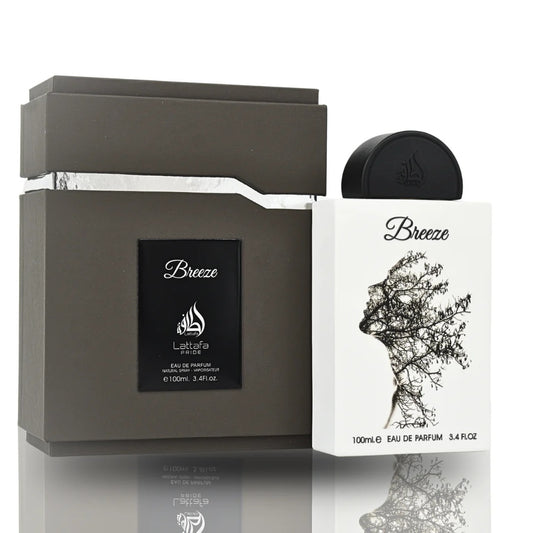 The Breeze Eau De Parfum by Lattafa Pride displayed with its elegant black packaging and uniquely designed white bottle, showcasing a sophisticated artistic aesthetic.