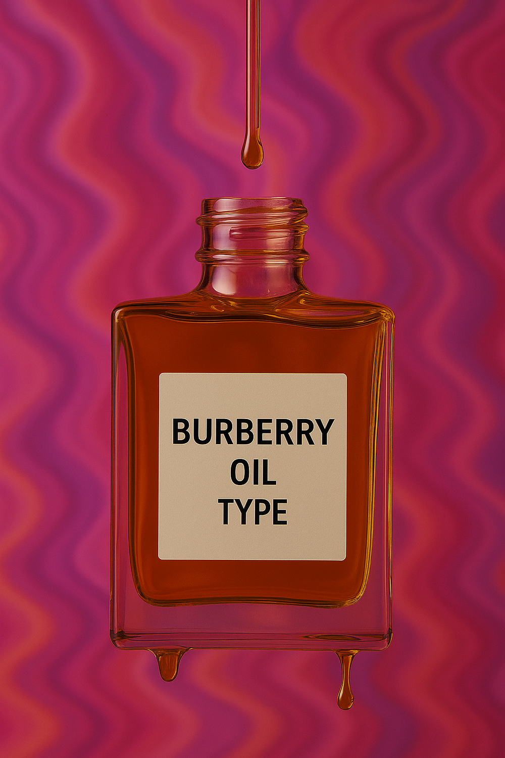 A rectangular glass perfume bottle labeled “BURBERRY OIL TYPE” with golden oil dripping into its open neck, set against a vibrant pink and purple marbled background.