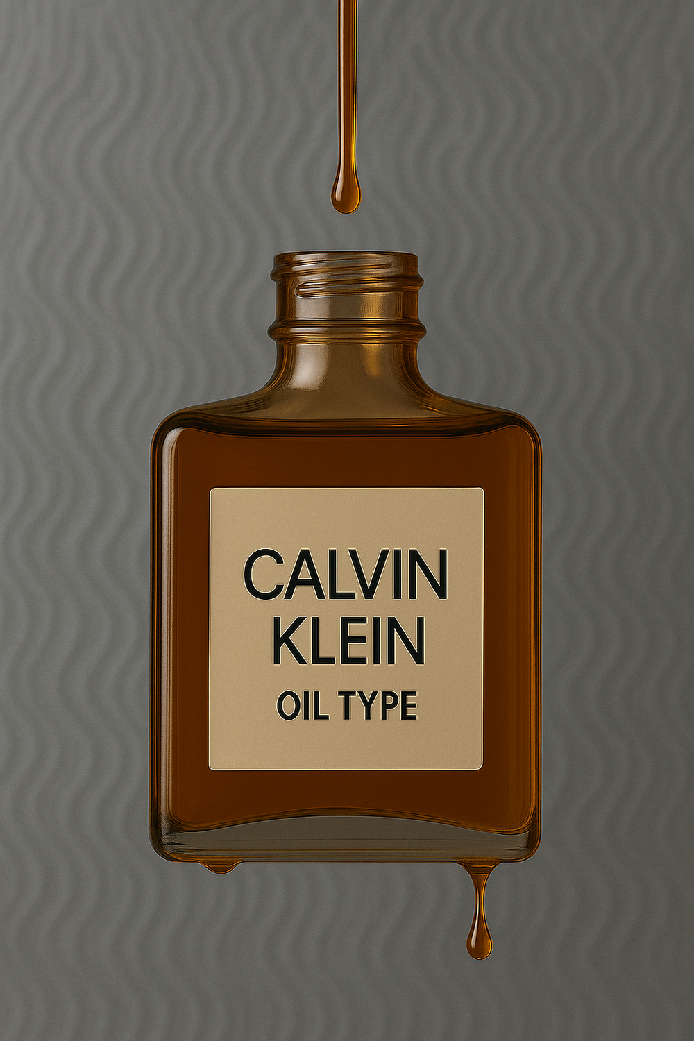 Amber bottle labeled "Calvin Klein Oil Type" suspended mid-air with oil drops and a modern gray wavy background – luxury designer-inspired body oil