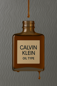 Amber bottle labeled "Calvin Klein Oil Type" suspended mid-air with oil drops and a modern gray wavy background – luxury designer-inspired body oil
