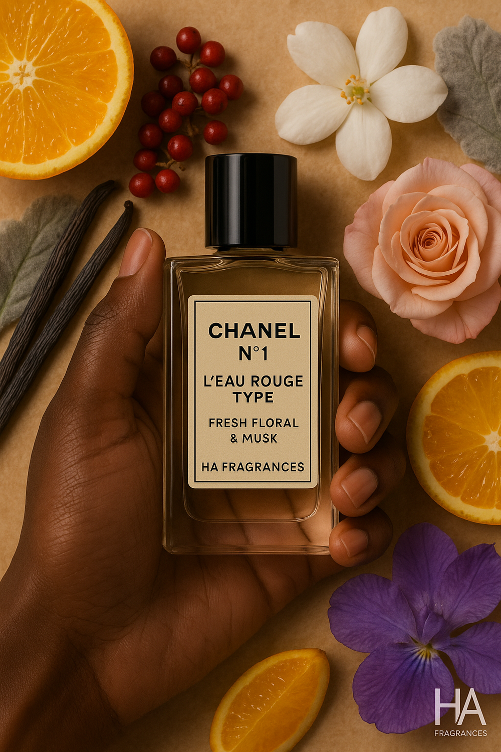 A dark-skinned hand holding a rectangular glass perfume bottle labeled “Chanel No 1 L’Eau Rouge Type – Fresh Floral & Musk” by HA Fragrances, surrounded by red berries, orange slices, a pink rose, jasmine blossoms, iris flower, vanilla pods, and soft green leaves against a warm-toned background