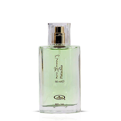 Perfume bottle labeled 'Pistachio' on a white background