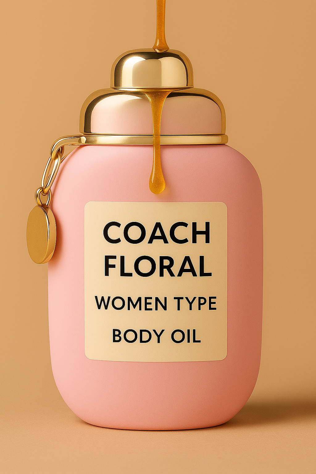 Coach Floral Women Type Body Oil in a soft pink bottle with a shiny gold cap, golden oil drip, and side charm, styled on a warm beige background – inspired by the original Coach Floral perfume design.