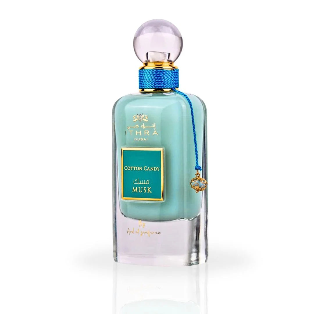Cotton Candy Musk Ithra Dubai Collection by Ard Al Zaafaran - A sleek 100ml turquoise glass perfume bottle with a gold-accented cap and blue rope detailing.