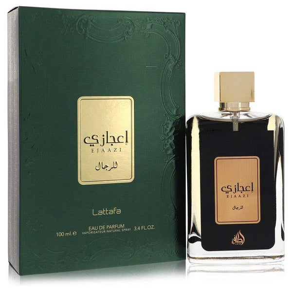 Ejaazi by Lattafa Eau de Parfum 100ml, featuring a sophisticated gold and green packaging with a sleek bottle design for unisex appeal.