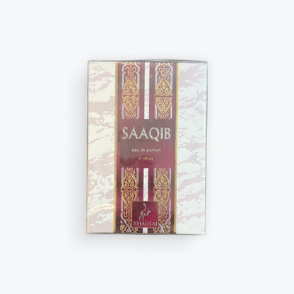 Elegant packaging of Saaqib by Khadlaj EDP 100 ml showcasing golden and maroon ornate details.