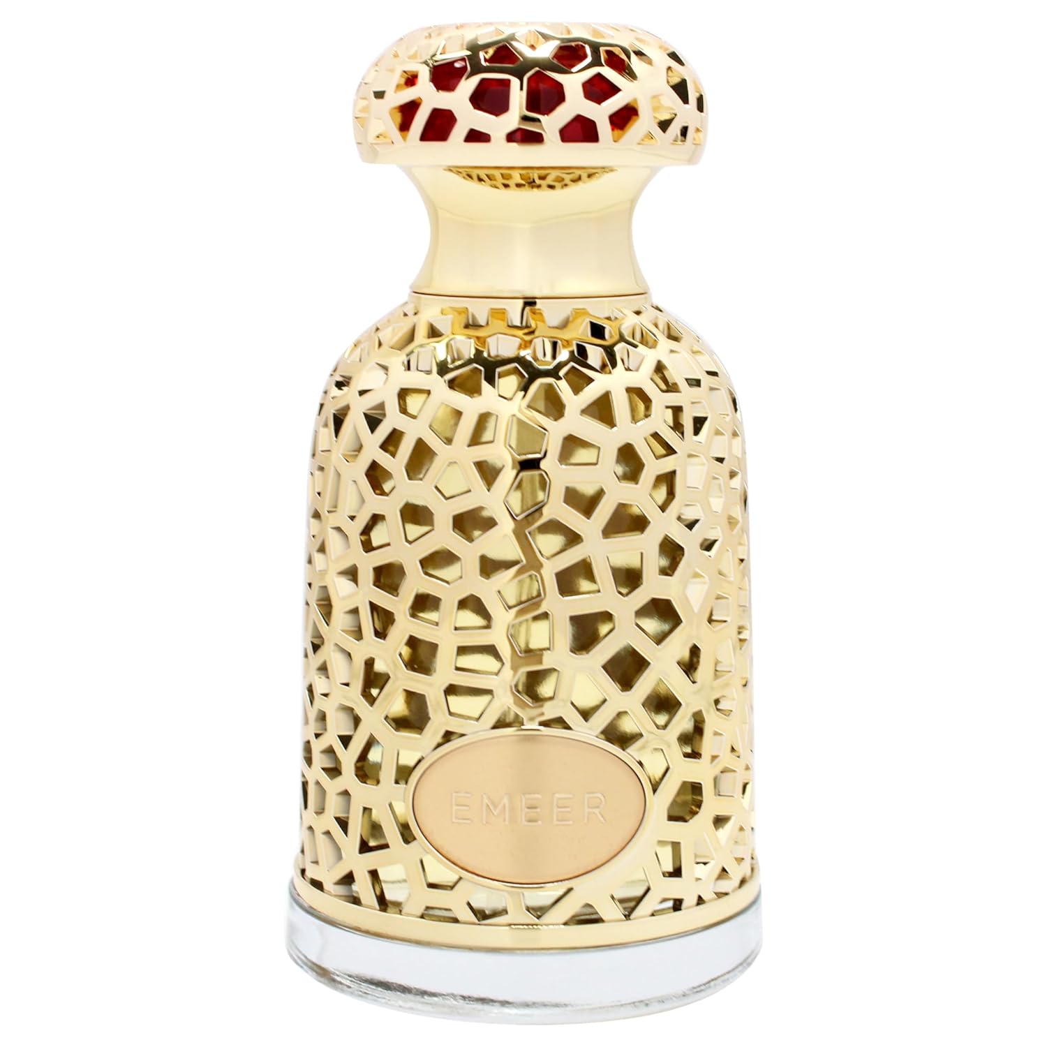 A close-up view of the Emeer Eau De Parfum bottle by Lattafa, showcasing its intricate gold lattice design with luxurious red accents.