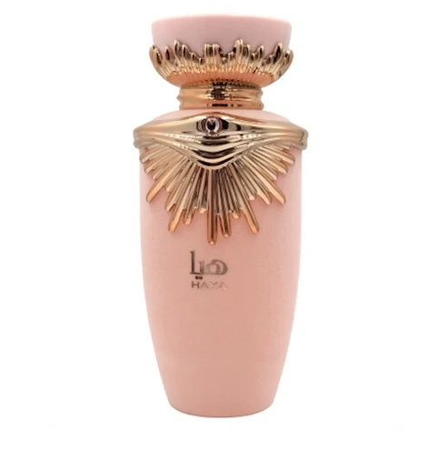 Close-up of Haya by Lattafa Perfume in a stylish pink bottle featuring a rose gold decorative cap, 100ml Eau de Parfum for Women.