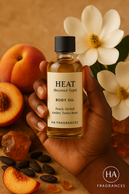 A bottle of Heat (Beyoncé Type) Body Oil held by a dark-skinned hand, surrounded by peach slices, orchid petals, amber resin, and tonka beans, with the HA Fragrances logo in the corner.