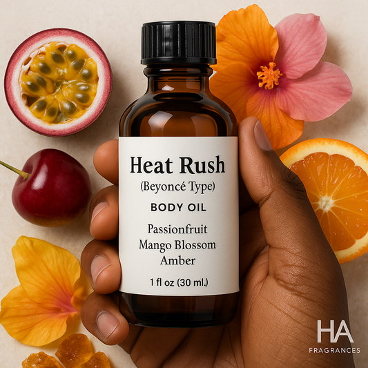 A bottle of Heat Rush (Beyoncé Type) Body Oil held by a dark-skinned hand, surrounded by passionfruit, cherries, hibiscus petals, and amber stones, with the HA Fragrances logo in the corner.