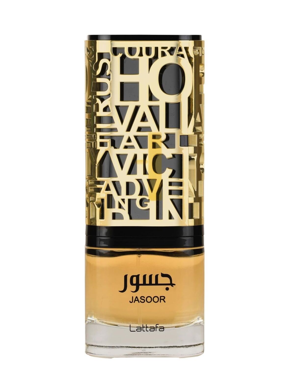 Jasoor by Lattafa Eau de Parfum bottle, showcasing an intricate gold and black design with transparent detailing.