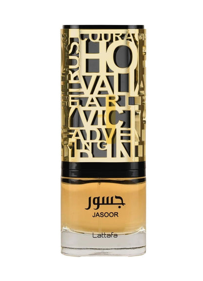 Jasoor by Lattafa Eau de Parfum bottle, showcasing an intricate gold and black design with transparent detailing.
