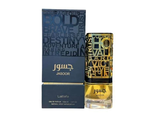Jasoor by Lattafa Eau de Parfum 100ml, including the bold black and gold box and the elegant fragrance bottle.